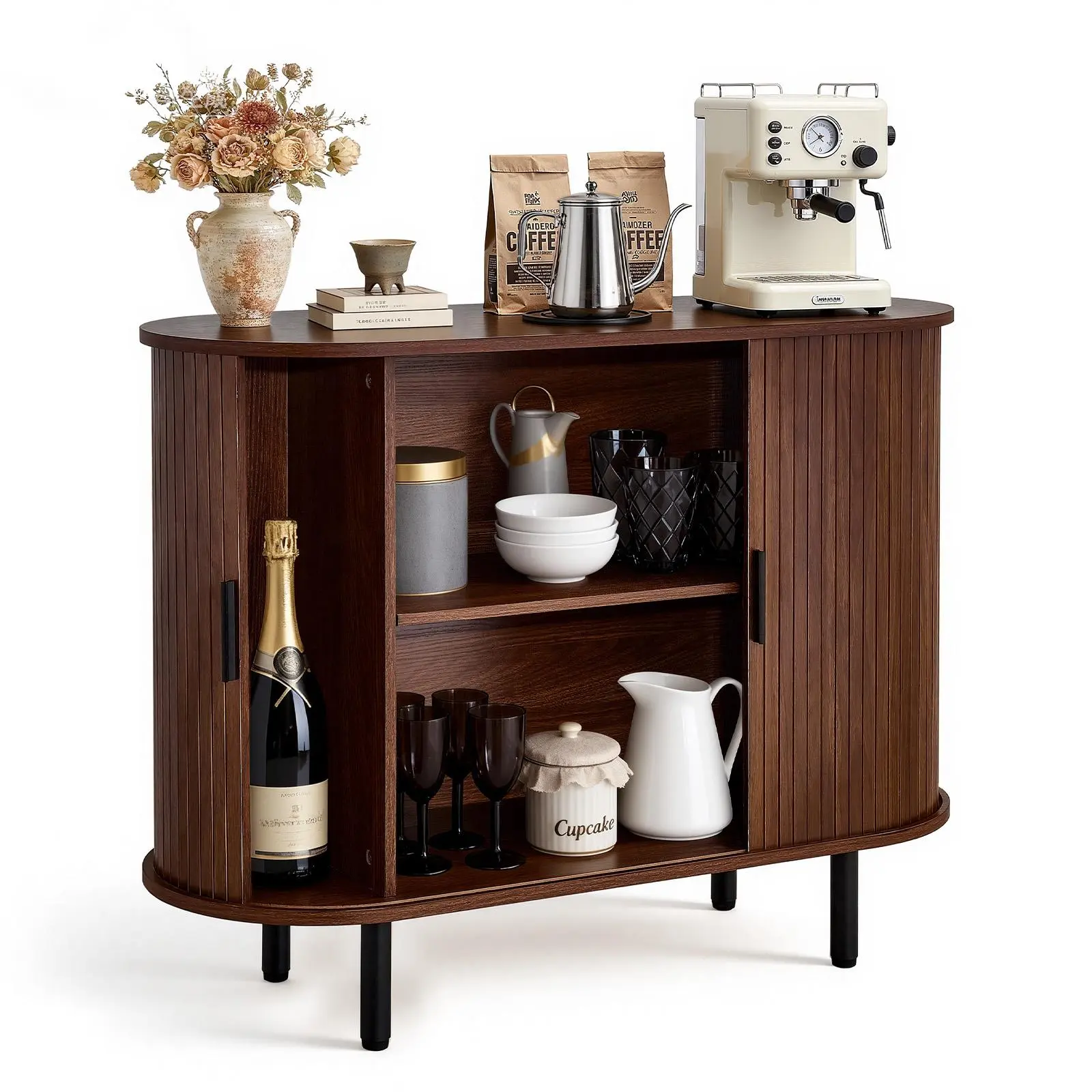 VEVOR Coffee Bar Cabinet, Mid Century Fluted Coffee Bar Table, Buffet Stand Cabinet with 2 Sliding Doors, Sideboard Buffet Station for Living Room, Entryway, Kitchen, 39.3 x 15.7 x 29.5 in, Walnut#SohoChic