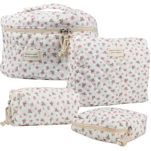 Large Capacity Cotton Makeup Cosmetic Bag (4PCS), Cute Quilted Travel Coquette Aesthetic Floral Make up Bag for Women Toiletry Bag