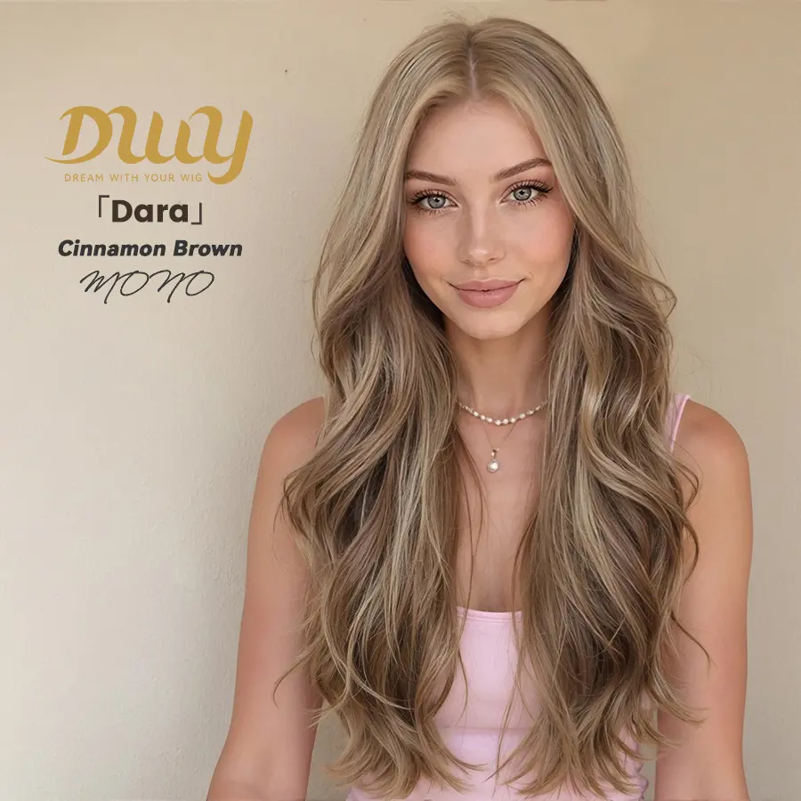 Dara - NEW! DWY Mono Lace Front Free Part Long-Length Wavy Cinnamon Brown Glueless Synthetic Wig for Women 28 Inches Autumn Outfits Blonde Wigs Curly Wavy Blonde