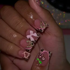 24 Pcs Leopard Print Duck Bill Nail Tips, 3D Butterfly Cherry Heart Design, Gold Rhinestones, Glossy False Nails, Y2K Style, Reusable, Free Jelly Glue & File, Nail Charms
