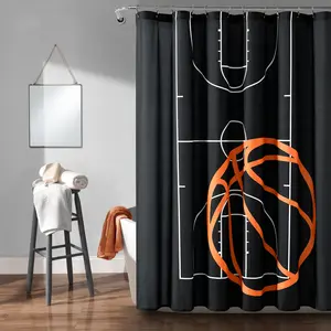 Lush Decor Basketball Game Shower Curtain Black/Orange Single 72X72 Sports Theme Microfiber Easy Care for Bathroom Decor