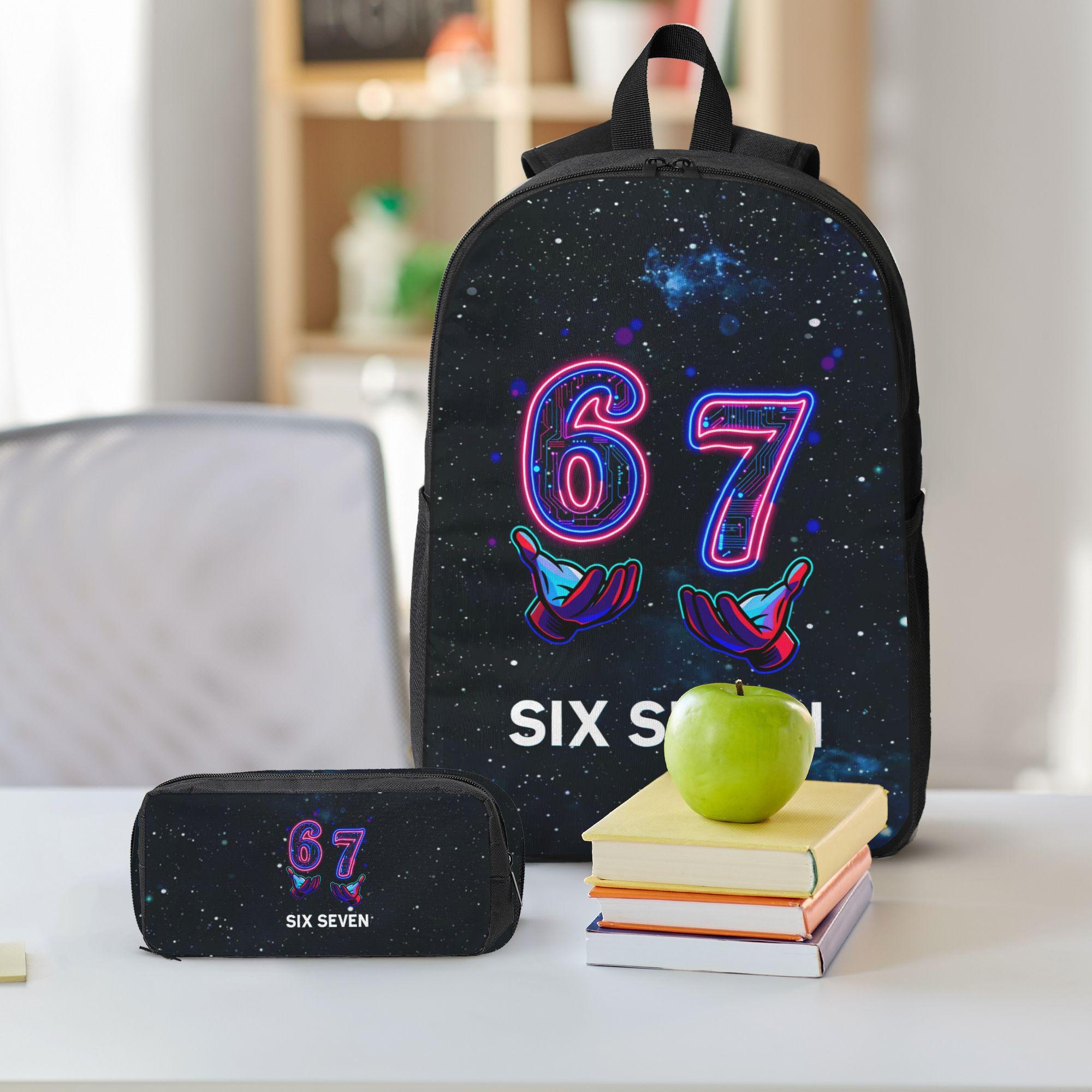The "67" collection—a set comprising a backpack, a shoulder bag, and a storage pouch—features a neon-style "67" motif accented with hand-gesture graphics, creating a distinctive cyberpunk aesthetic. It is the ideal choice for both travel and school.
