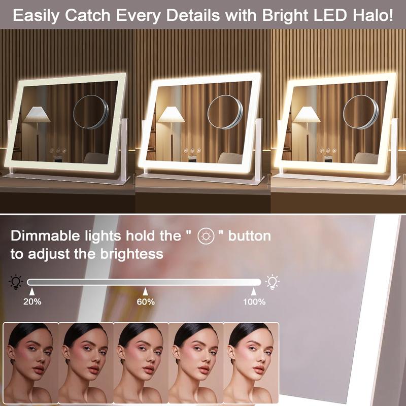 GLITGATE Vanity Mirror with Lights, LED Makeup Mirror with Dimmable 3 Color Modes, Touch Screen Control Vanity Based Mirror Desk Mirror Square White