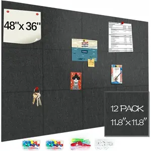 Large Cork Boards for Walls 48"x36", 12 Pack Felt Wall Tiles with 60 Pushpins，50 Safe Removable Adhesive Tabs, 10 Hooks and Clips, Black Bulletin Board, Felt Board Pin Board Tack Board for Office