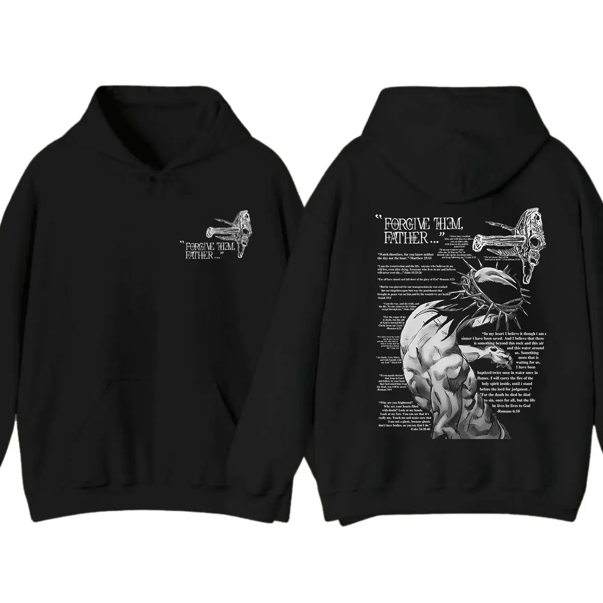 Women's Casual Hooded Cotton Blend Longsleeve Pullover Tops - Unisex Fit, 2-Side Digital Print "Forgive Them Father" Bible Verses, Forgiveness & Faith Theme, Spandex-Yarn Fabric, Functional Pocket, Classic Design