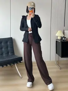 Women's High-Waisted Wide-Leg Pants, Slim-Fitting Drop-Leaf Design, Casual Side Pocket Loose Yoga Long Pant, Comfort & Style Combined, Casual Sporty Trousers