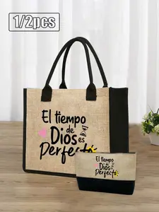 Large-capacity linen tote bag, Multi functional bag, comes with a makeup bag and coin purse, printed with the colorful 'El-Tiempo' logo, portable casual storage tote, versatile shopping bag, portable full work set bag, a must-have for the beach