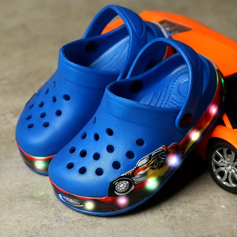 Kids Glow-in-the-Dark Clogs, Breathable EVA Sports & Casual Shoes, Non-Slip Water Sports Beach Footwear, Cartoon Pattern, Slip-On Closure, Battery Operated, Boys & Girls - Spring/Summer/Fall