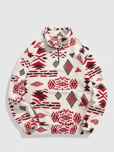 Men's Ethnic Printed Semi Zipper Plush Casual Sportswear, Winter Comfortable Pullover with Pockets, Fitted Street Style