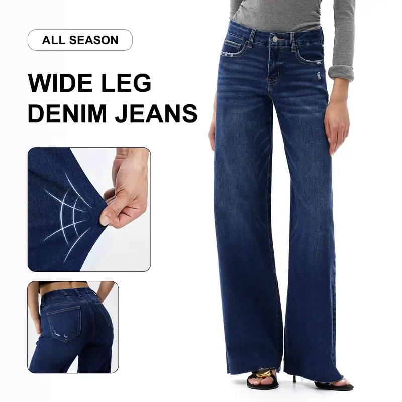 Freya ONESO Mid-Rise High Stretchy BBL Jeans Wide Leg Tummy Control Raw Hem Denim Pants Womenswear Bottom Comfortable Denim Jeans