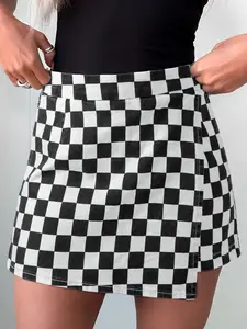 Black Checkered Print Overlap Denim Shorts, Flattering Mini Length Enhances Legs While Maintaining Easy Movement.