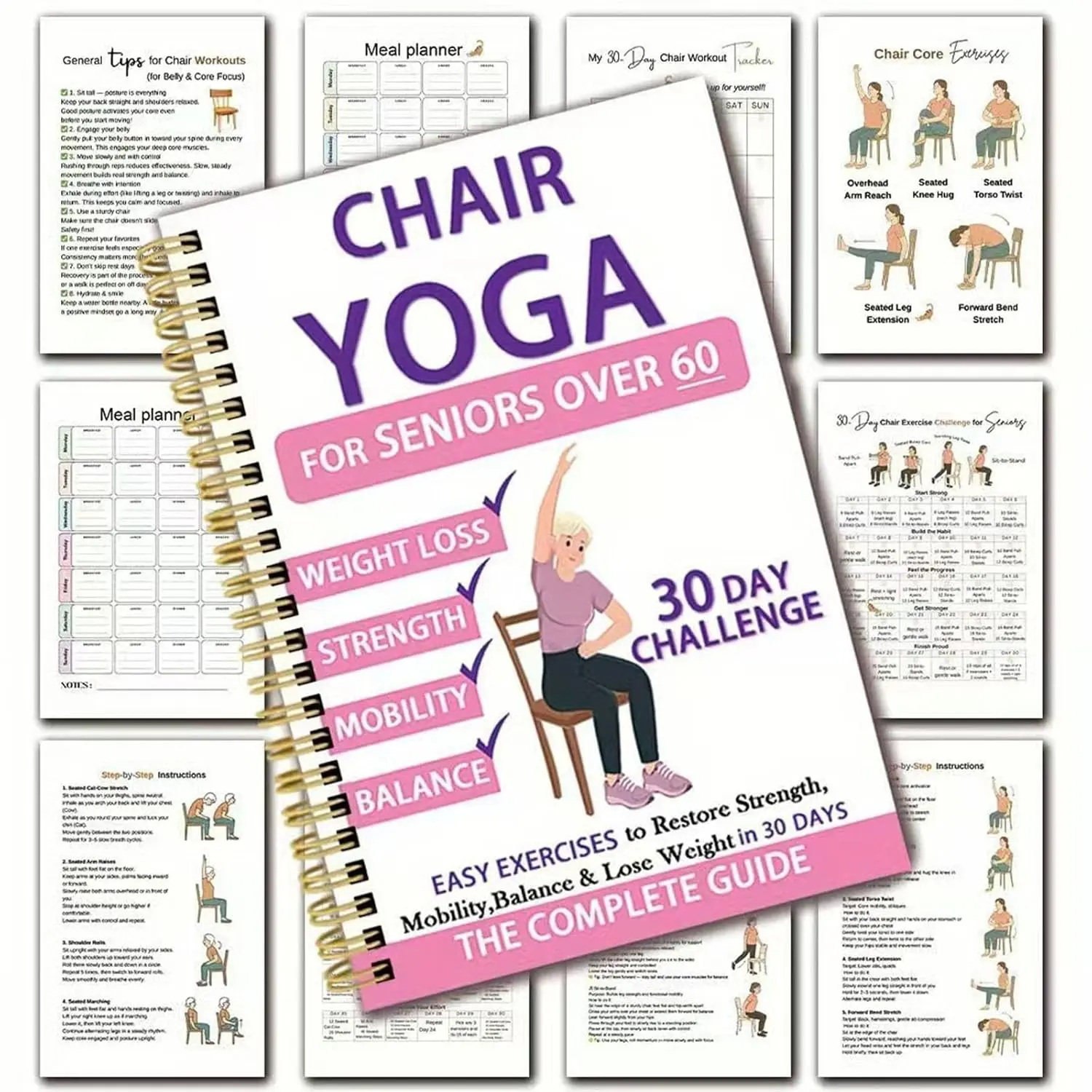 30-Day Chair Yoga Guide for Seniors over 60, Weight Loss Spiral Notebook, Exercise Guide, Poses Chart, Daily Routines, Progress Tracking, Spiral Bound Planner, Workout Journal, Guided Workout Journal