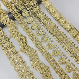 zsbszc 2 yards latest gold lace with nail beads lace embroidery decorative clothing diy accessories DZ01 DZ06