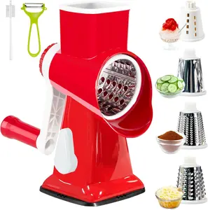 Rotary Cheese Grater with Handle Multifunctional Kitchen Tool Stainless Steel Slicer for Fruit Vegetables Nuts Red Color Durable Easy Clean