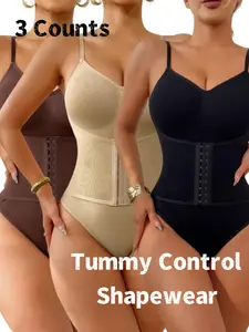 Women's Solid Color Double-breasted Shaping Bodysuit Crop, Tummy Control and Butt Lifting Design Shapewear, Perfect for Daily Wear, Compression Underwear