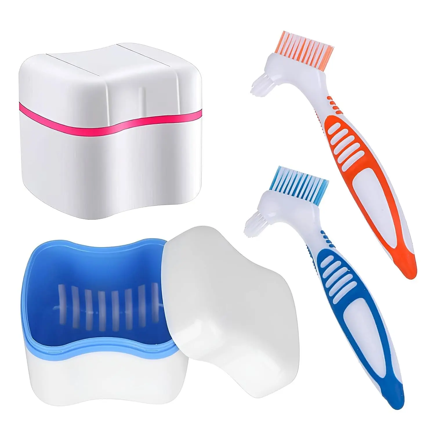 Denture Cleaner Box and Brush Set - 2 Pack Denture Bath Case with Basket + 2 Pack Denture Brush, Portable Denture Retainer Storage Box, False Teeth Brushes for Oral Care (Blue and Red)
