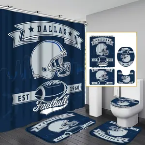 /1pc Dallas Football Team Shower Curtain Set, Helmet Football Theme Decorative Bathroom Cover with Hooks, Non-Slip Mat, Toilet Seat Pad and U-Shaped Mat, Bathroom Accessories