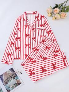 two-piece set women's bow print button front pocket shirt & elastic waist pants pajama, casual comfy long sleeve lapel neck top & trousers pj set, ladies sleepwear for spring & fall, longsleeves womenswear, soft sleepwear loungewear