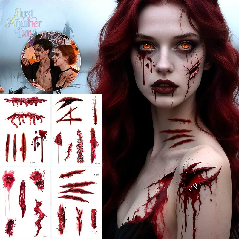 9PCS Halloween Horror Scar Tattoo Stickers, Waterproof Bloody Wound & Knife Cut Decals, Realistic Temporary Face & Body Stickers for Halloween, Cosplay & Parties