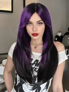 22 Inch Gradient Wig with Bangs, Long Straight Hair, Heat Resistant, Perfect for Halloween and Festivals, Synthetic Material Wigs
