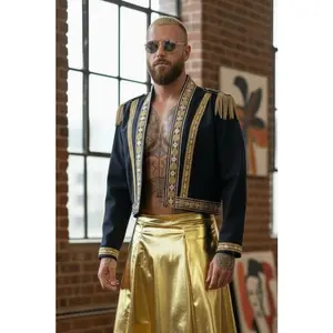 Denim Military Hussar Cropped Jacket – Gold Trim Ringmaster Bolero Mens Unisex