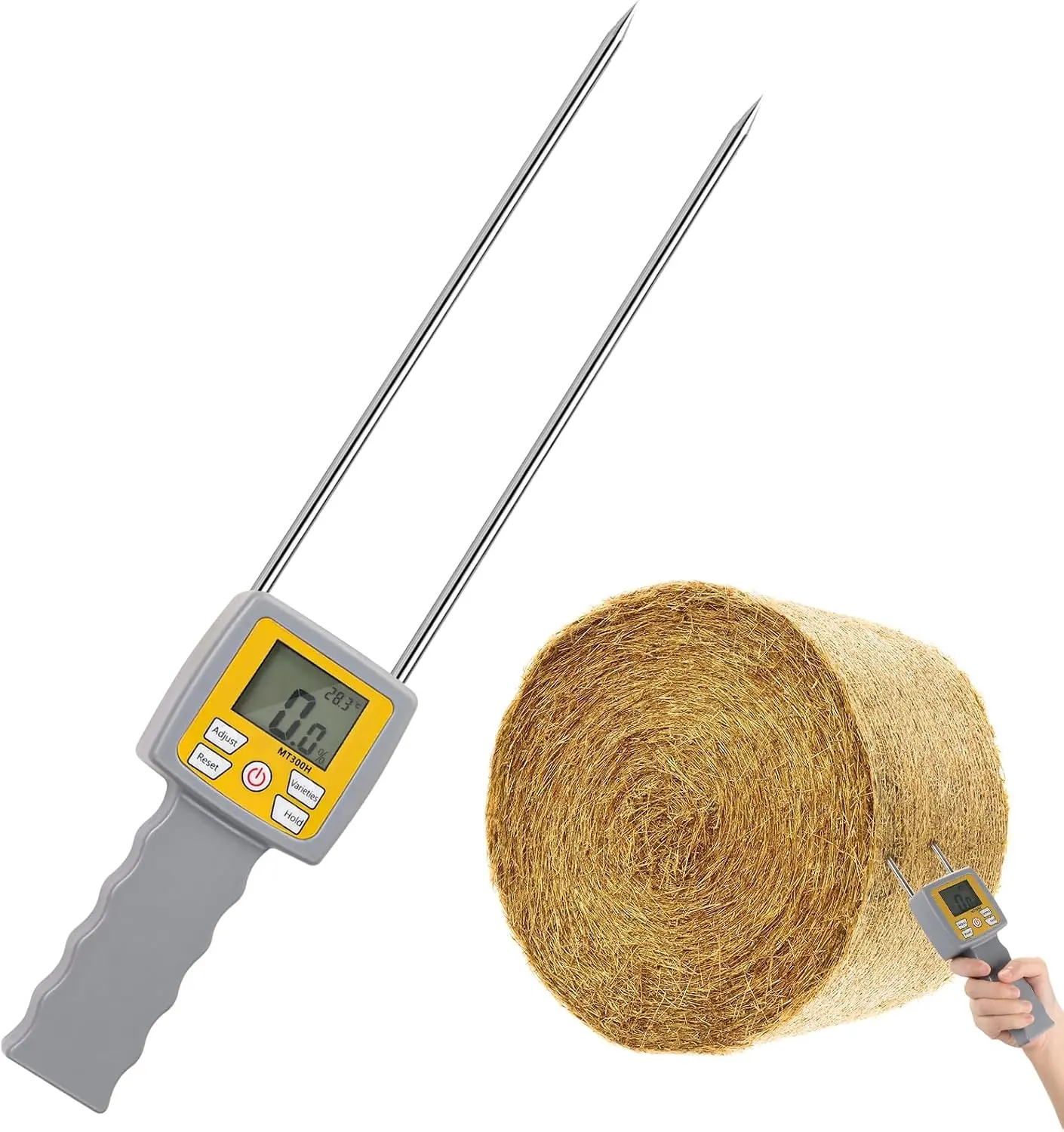 Hay Moisture Tester – Portable Dual Probe Hay Moisture Meter with Temperature & Humidity Compensation – For Hay Bale, Forage Grass, Alfalfa, Pennisetum Hydridum & Leymus Chinensis Moisture Tester