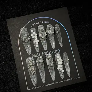 AURÉA Handmade White Lace Stiletto Press On Nails| Removable Bling Crystal & Pearl Nail Art| Luxury Long Detachable Fake Nails