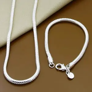 3mm wide Silver Plated Serpentine Necklace, Bracelet Set, For Women, Suitable For Daily Wear Or Gifts, Gift Box Packaging Jewelry Set Chain Set