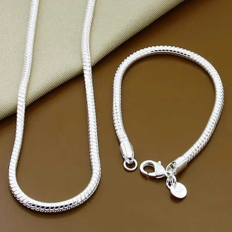 Trendy 2-Piece Jewelry Set, Silver-Plated 3mm Snake Chain Necklace and Bracelet for Men & Women, Hypoallergenic Clavicle Design, Copper Alloy, Fashionable Jewelry Set, Necklaces For Women, Daily Wear, Everyday, 2 Piece Sets