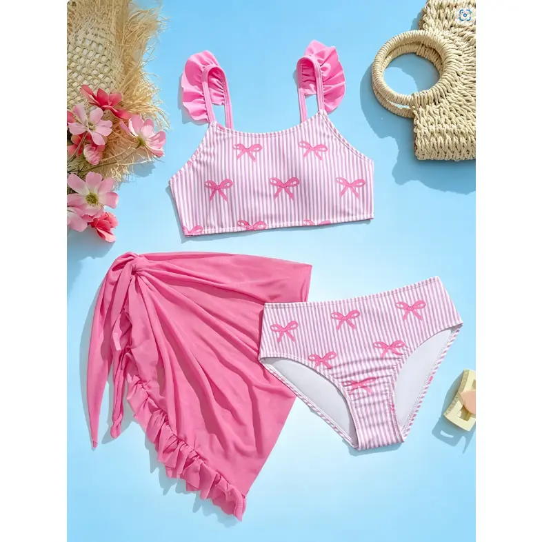 Girls' 3-Piece Swim Set, Long Sleeve Patterned Tween Bikini with Rash Guard for Beach Vacation