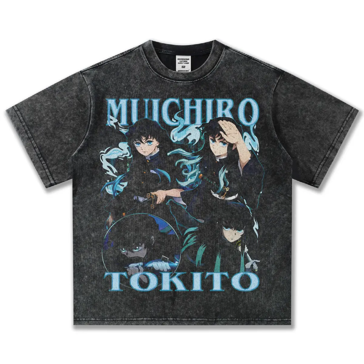 Men's Demon Slayer Muichiro Tokito Cotton T-Shirt, Vintage Washed Retro Japanese Graphic, Loose Shortsleeve Round Neck Streetwear, Digital Print, Washed Effect, Casual, Tshirt, Top, Fashion, Menswear, Tee, Washed Look