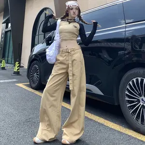 Khaki Self Tie Belt Wide Leg Cargo Pants Y2K Cowgirl Streetwear High Waist Oversized Loose Twill Trousers