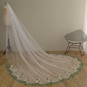 Botanical green leaves bridal wedding veil, white yellow floral veil Soft tulle ivory bridal veil, Single tier lace wedding veil, Elegant cathedral length garden outdoor wedding veil