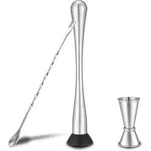 Stainless Steel Muddler for Cocktails,Mixing Spoon and Measuring Jigger,Professional Bar Tools,10-inch Bar Muddler for Making Mojitos,Margaritas and Other Fruit Based Drinks.