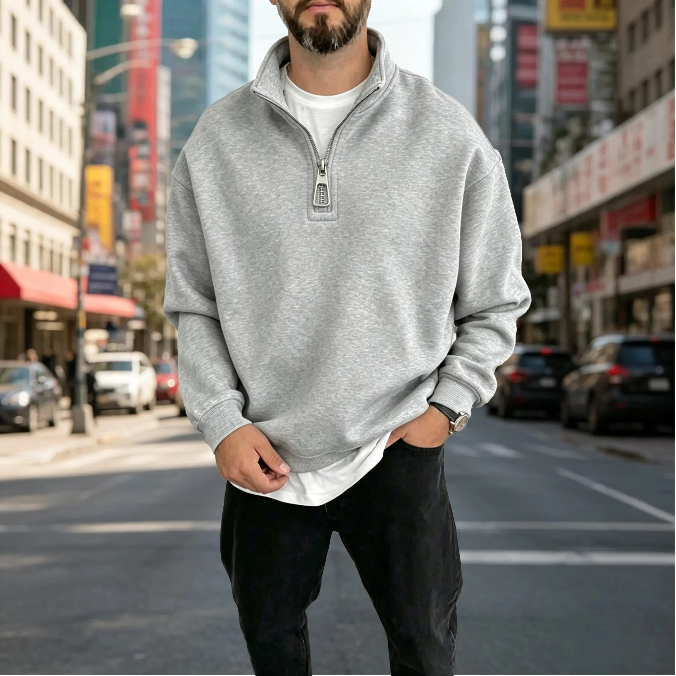 Men's Gray Half-Zip Sweatshirt with Drawstring and Pockets, Long Sleeve, Casual Style, Perfect for Daily Wear clothes men fashion