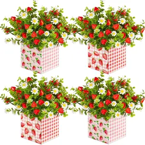 Summer Strawberry Table Centerpiece Decor Berry Box Decorations Artificial Strawberry Daisy Plant with Box and Fake Leaves for Sweet Baby Shower Farmhouse Home Party Wedding Kitchen(4 Sets)