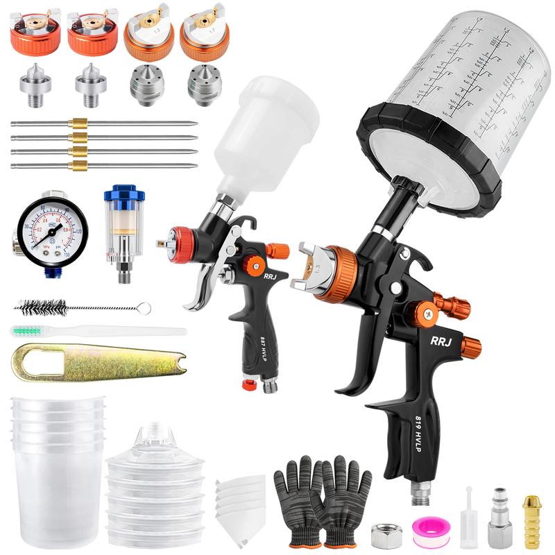 **RRJ 2PCS HVLP Spray Gun Set, Mini 887 & 819C Paint Sprayer with 1.3mm/1.7mm Nozzles, Air Regulator, Oil-Water Filter & Disposable Paint Cups for Auto Furniture Home DIY Refinishing**