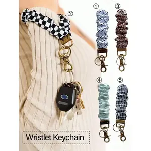Women's Wristlet Keychain, Hair Tie Bracelet Key Ring with Clip, Elastic Wristband, Car Key Chain, Plaid Daisy Stripe Patterns, Versatile Accessory