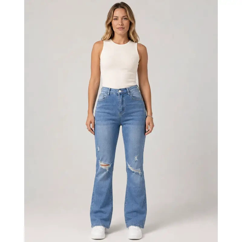 Bombbase Women's High-Waisted Loose Ripped Jeans - Bottoms with Patch Pockets, Elasticated Long Pants for Outdoor Activities & Casual Wear (All Seasons), Ripped Detail