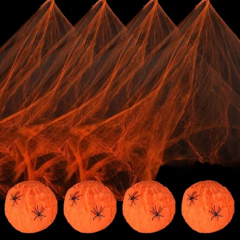 Halloween Glow Spider Web Decorations with Fake Spiders and Bats Super Stretch Fluorescent Cobwebs for Indoor Outdoor Haunted House Party Decor