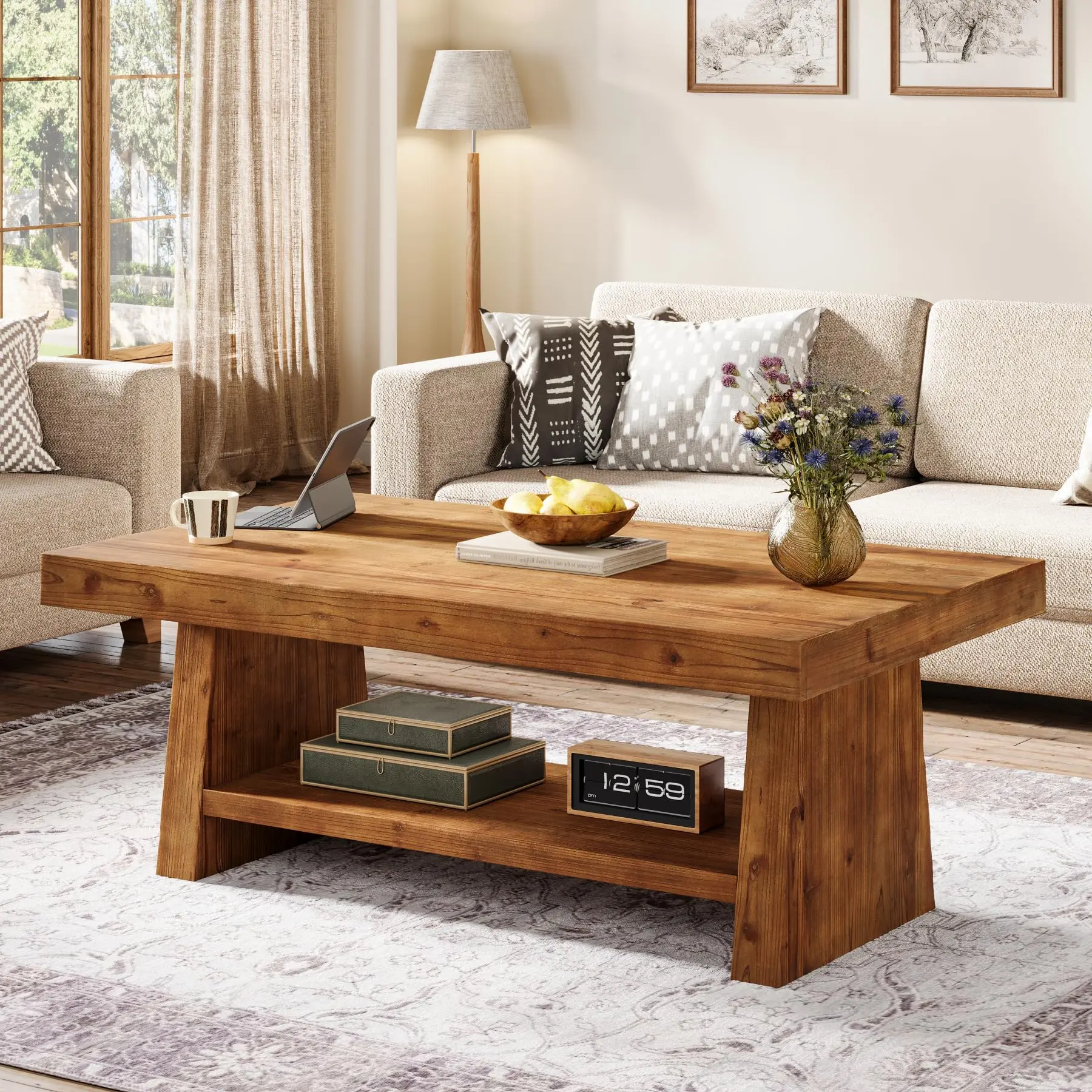 Tribewood 47-Inch Solid Wood Coffee Table for Living Room and Office, Farmhouse Style with Storage, Natural Brown Tribewood 47-Inch Solid Wood Coffee Table for Living Room and Office, Farmhouse Style with Storage, Natural Brown
