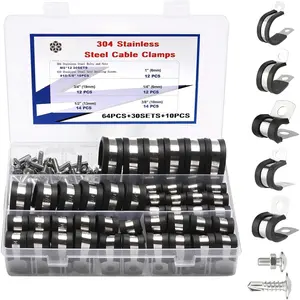 Cable Clamps Assortment Kit and Stainless Steel Screws,304 Stainless Steel Rubber Cushioned Insulated Wire P Clamps 5 Sizes:1/4" 3/8" 1/2" 3/4" 1"
