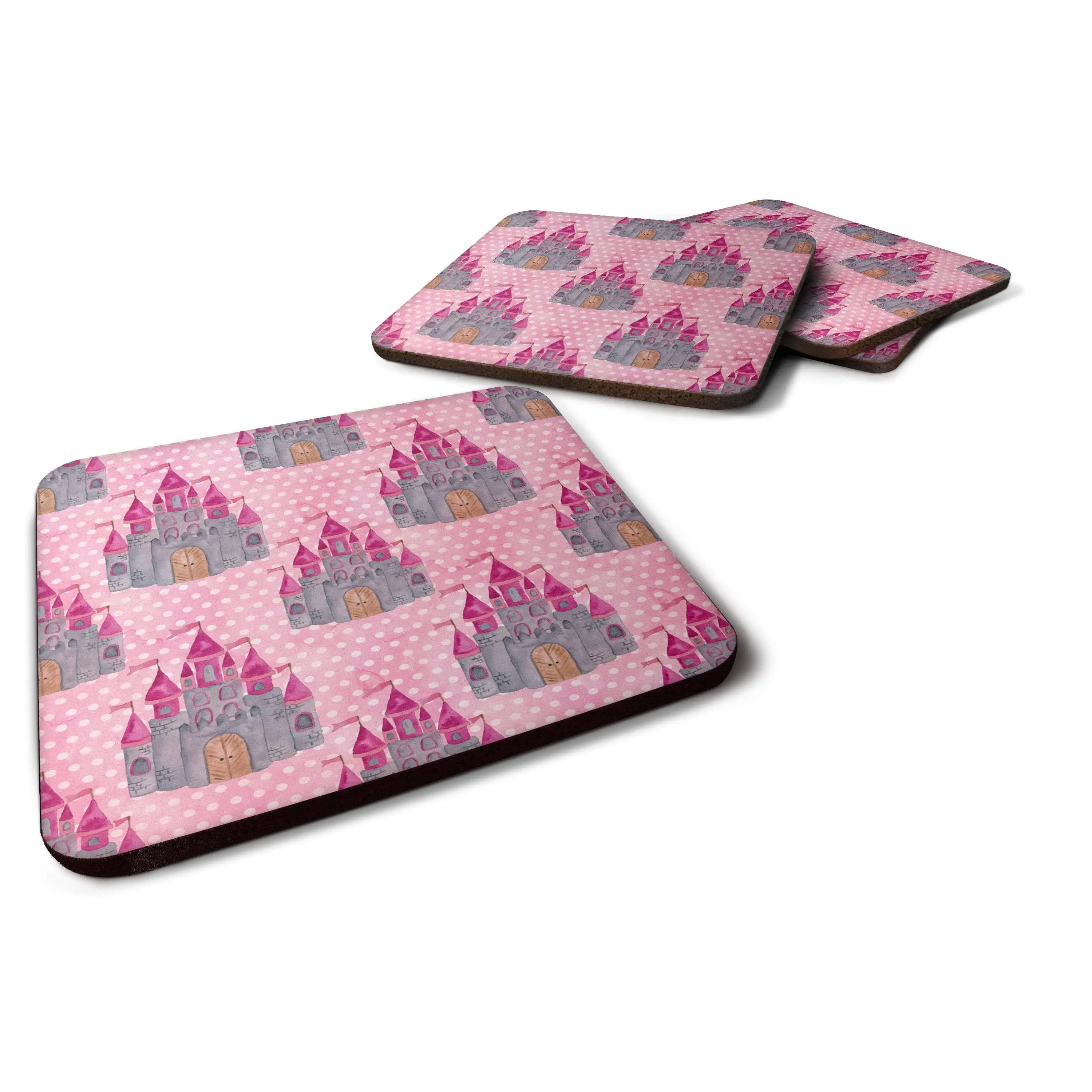 Watercolor Princess Castle Foam Coaster Set, 4-Piece Tableware Coasters, Model BB7549FC