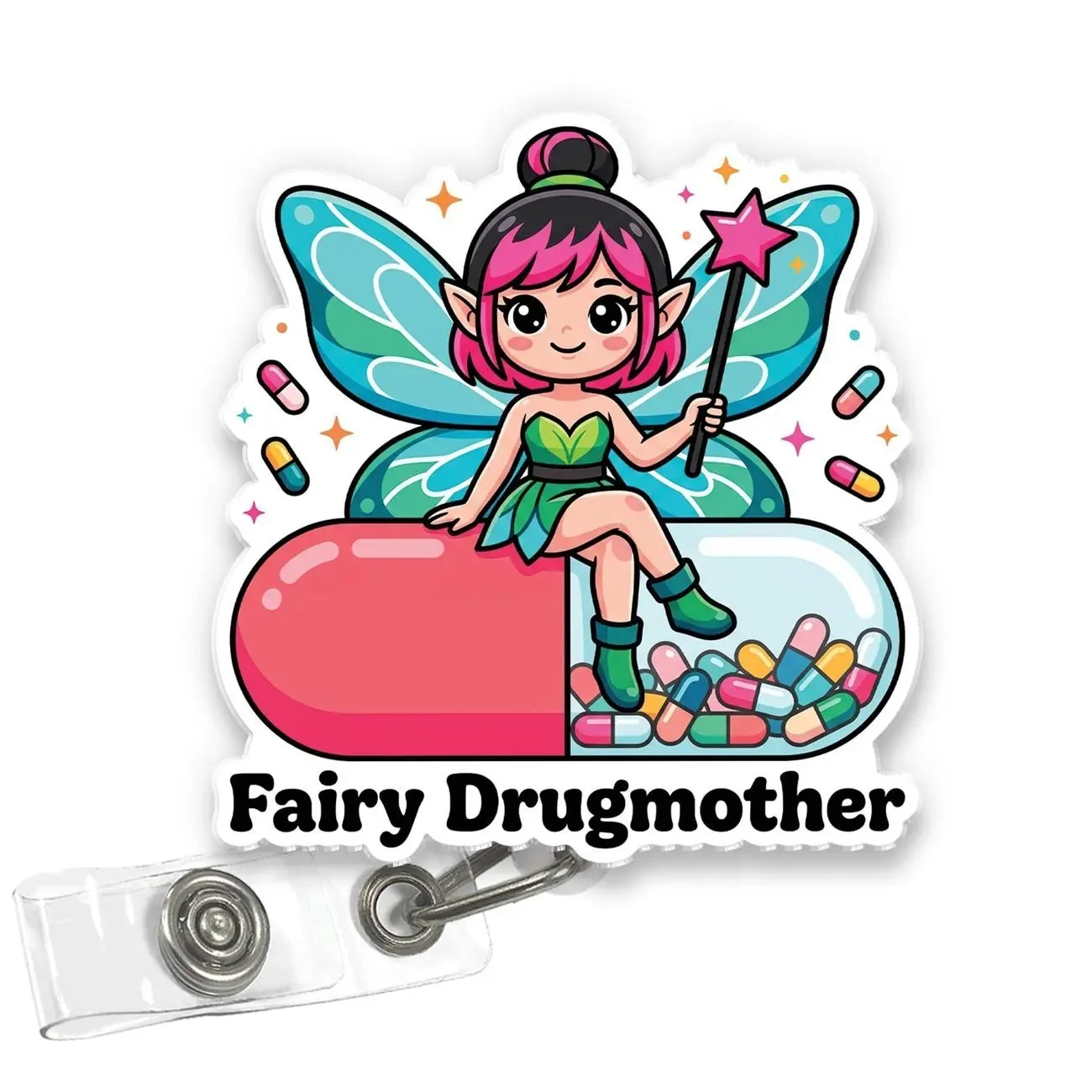 Fairy Drugmother Badge Reel, Funny Pharmacy Technician CPhT Acrylic Retractable ID Badge Holder with Clip, Pharmacist Gift for Nurse Doctor Medical Student IVZ
