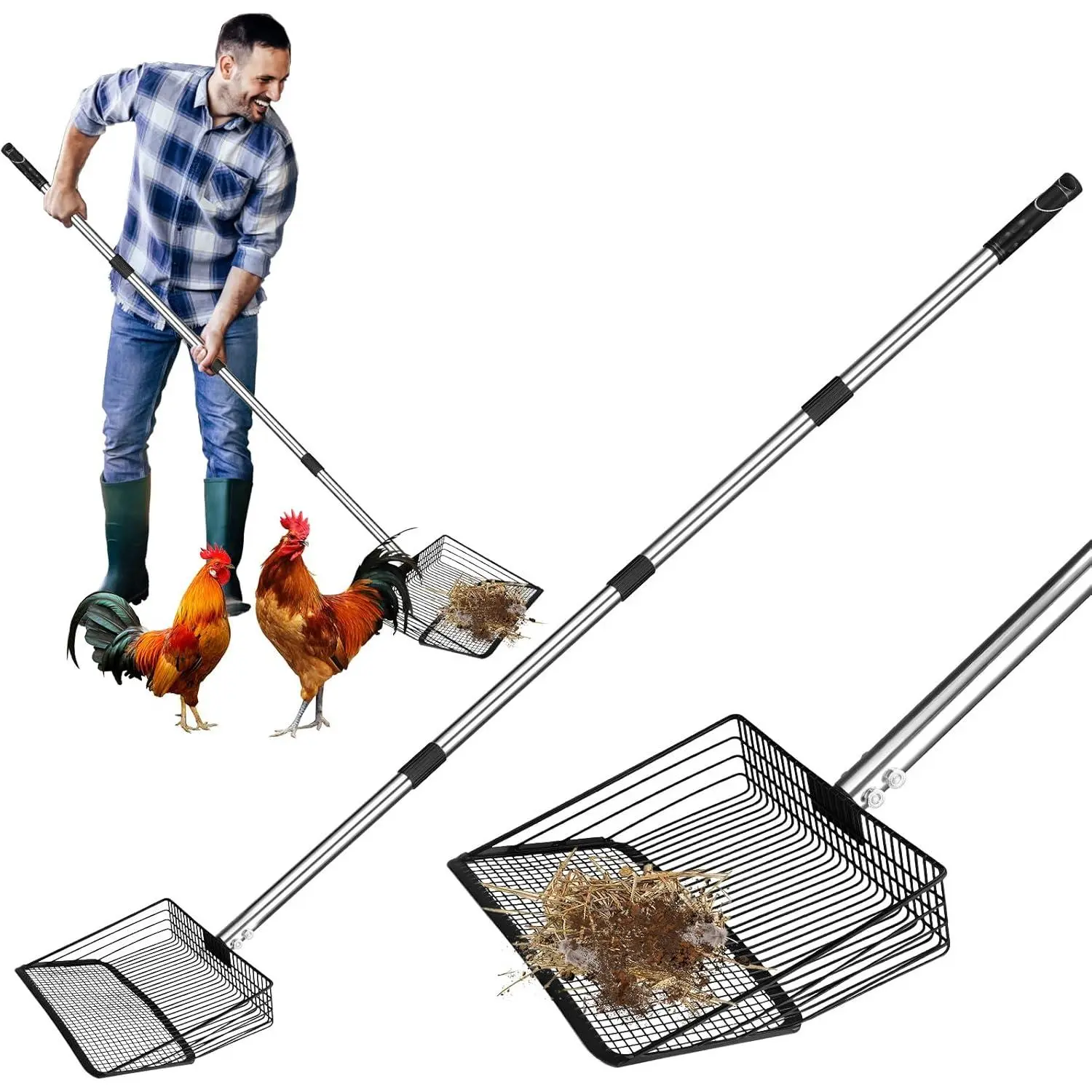 10-inch Heavy Duty Chicken Poop Scooper, Adjustable Stainless Steel Chicken Coop Scoop (35.4 to 61.8"),4-in-1 Sifting Litter Shovel Scoop for Chicken Coop/Goat Stall/Stable Cleaning