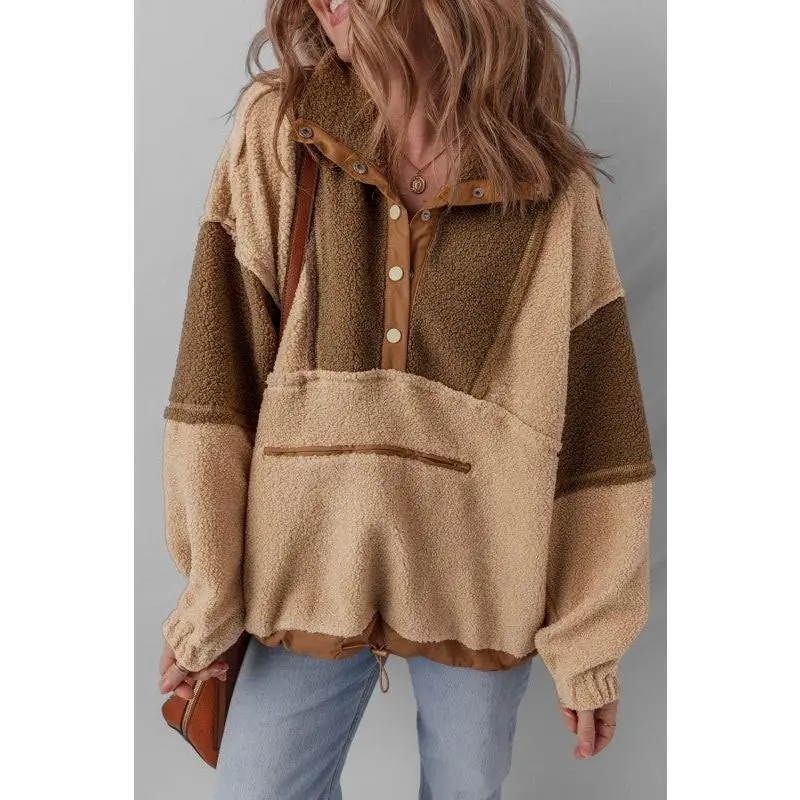 Colorblock Sherpa Patchwork Half Button Sweatshirt