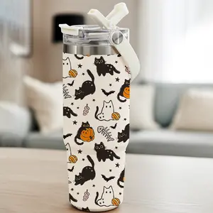 1 Pc 30oz skinny reusable vacuum insulated mug, double wall thermal cup, cute Halloween cat and bat pattern, hot cold drinks tumbler, fall aesthetic mug for women men, gift for spooky season, keeps warm 12h cold 24h, perfect for Halloween lovers