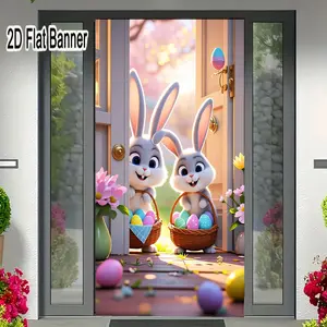 2D flat banner, 1pcAnimated Gray Bunnies Easter Egg Hunt Decor with Pastel Eggs, Wicker Baskets, and Spring Decor for Easter Party Decorationsgalentines party decor, valentine day decor, decorations for valentines day