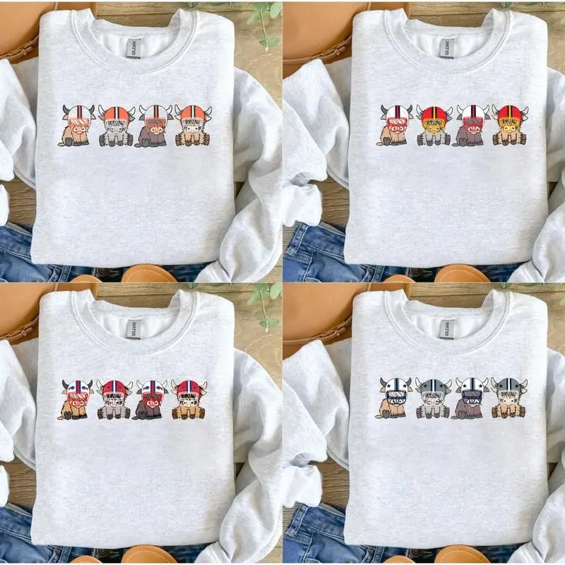 All 32 Team Football, Vintage 90s All Team Football Highland Cow Sweatshirt, 1960s Game Day Shirt, Unisex Football Fan Gift Sweater ASH GREY For Women - Menswear, Throwback Graphic, Gift For Fans