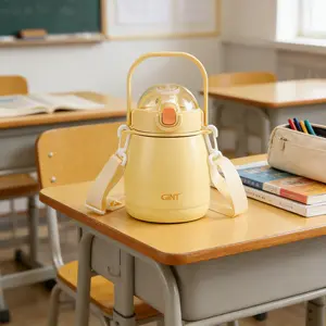 Cute 900ML Stainless Steel Insulated Water Bottle with Straw & Strap, Double Wall Vacuum Insulated, Leak Proof, Reusable, for Sports Gym Travel School Girls Women, Yellow